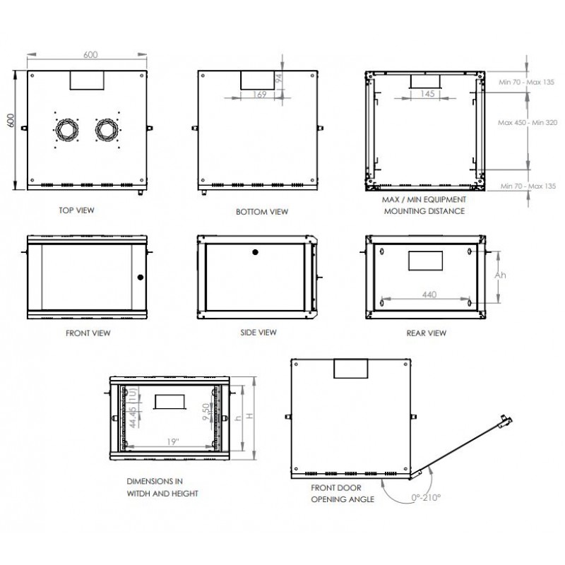 12U 19'' W600mm x D600mm Duvar tipi Kabinet